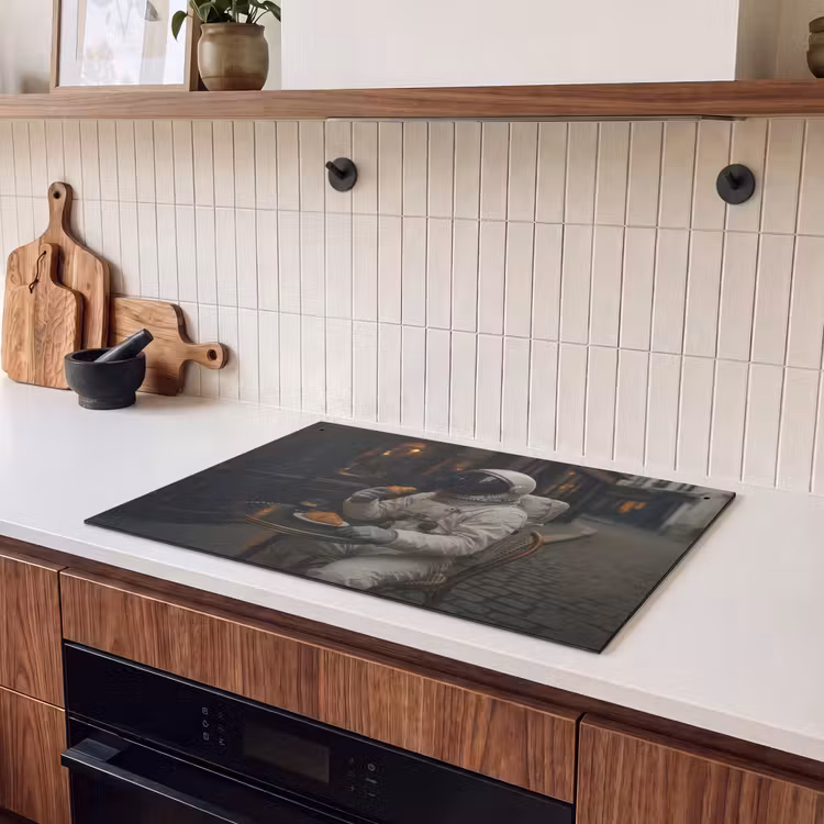 2-in-1 Herdabdeckplatte & Spritzschutz - Café - Croissant - Kaffee - Astronaut - Café - Croissant - Koffie - Astronaut Inductie beschemer met haakjes klein