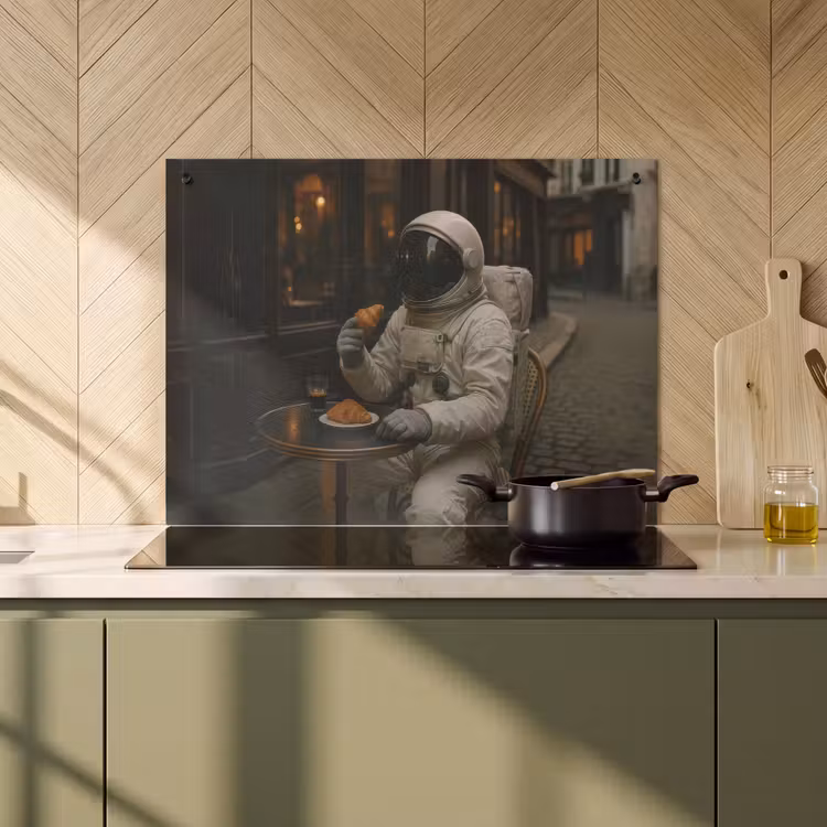 2-in-1 Herdabdeckplatte & Spritzschutz - Café - Croissant - Kaffee - Astronaut - Café - Croissant - Koffie - Astronaut Inductie beschemer met haakjes klein