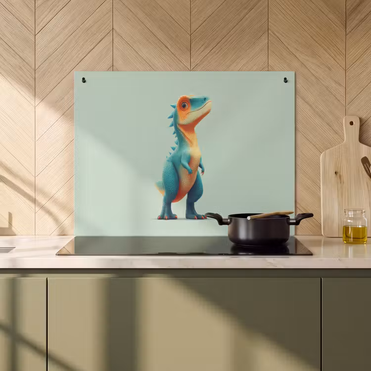 2-in-1 Herdabdeckplatte & Spritzschutz - Cartoon - Dino - Orange - Kegelspiel - Cartoon - Dino - Oranje - Stekels Inductie beschemer met haakjes klein