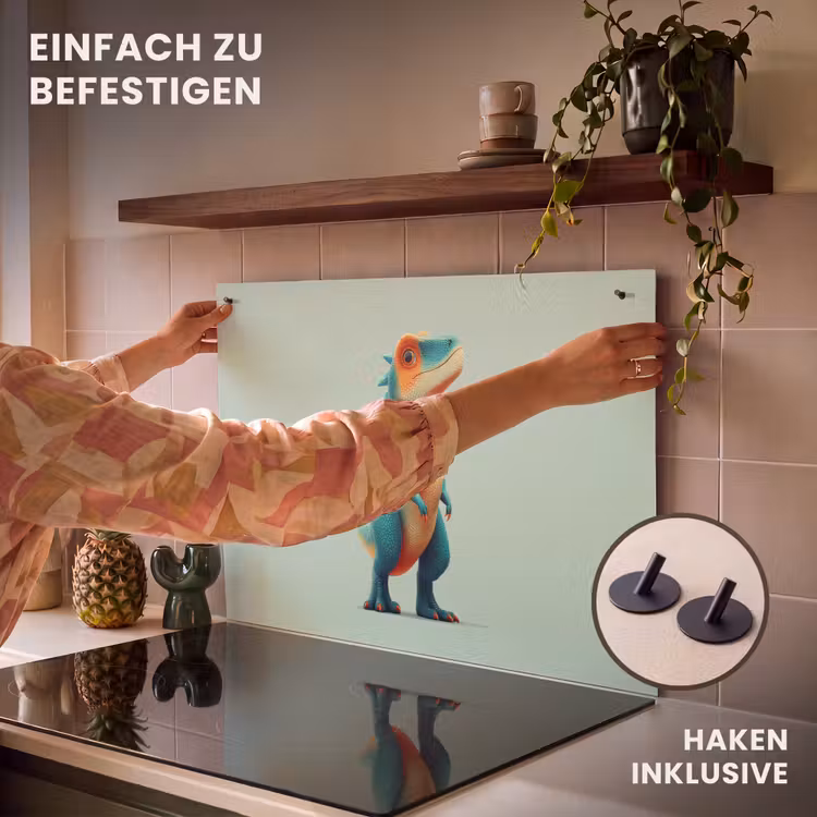 2-in-1 Herdabdeckplatte & Spritzschutz - Cartoon - Dino - Orange - Kegelspiel - Cartoon - Dino - Oranje - Stekels Inductie beschemer met haakjes klein