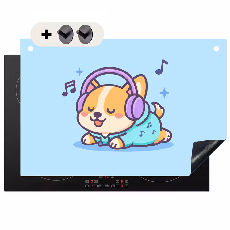 2-in-1 Herdabdeckplatte & Spritzschutz - Corgi - Kopfhörer - Blau - Musikalische Noten - Corgi - Koptelefoon - Blauw - Muzieknoten Inductie beschemer met haakjes klein