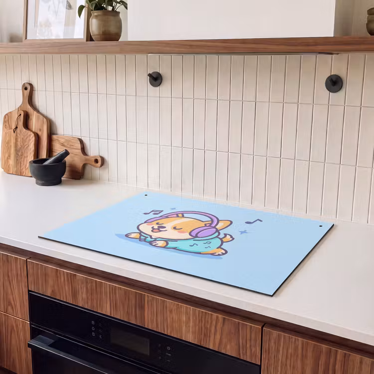 2-in-1 Herdabdeckplatte & Spritzschutz - Corgi - Kopfhörer - Blau - Musikalische Noten - Corgi - Koptelefoon - Blauw - Muzieknoten Inductie beschemer met haakjes klein