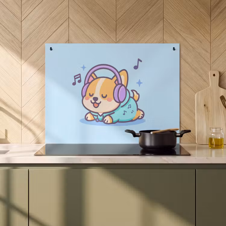 2-in-1 Herdabdeckplatte & Spritzschutz - Corgi - Kopfhörer - Blau - Musikalische Noten - Corgi - Koptelefoon - Blauw - Muzieknoten Inductie beschemer met haakjes klein