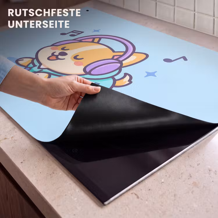 2-in-1 Herdabdeckplatte & Spritzschutz - Corgi - Kopfhörer - Blau - Musikalische Noten - Corgi - Koptelefoon - Blauw - Muzieknoten Inductie beschemer met haakjes klein