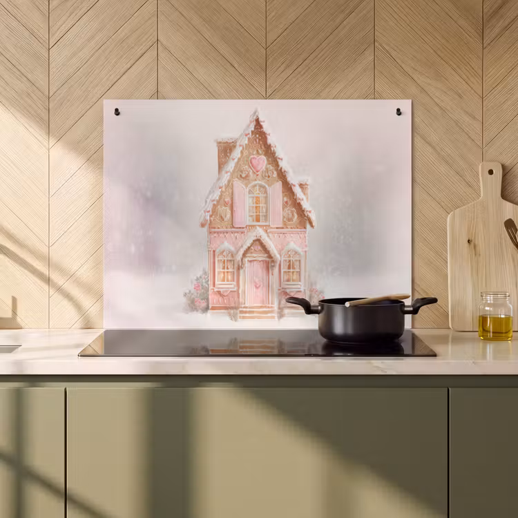 2-in-1 Herdabdeckplatte & Spritzschutz - Cottage - Zucker - Pastell - Huisje - Suiker - Pastel Inductie beschemer met haakjes klein