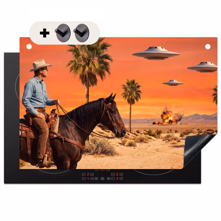 2-in-1 Herdabdeckplatte & Spritzschutz - Cowboy – Pferd – Wüste - Cowboy - Paard - Woestijn Inductie beschemer met haakjes klein