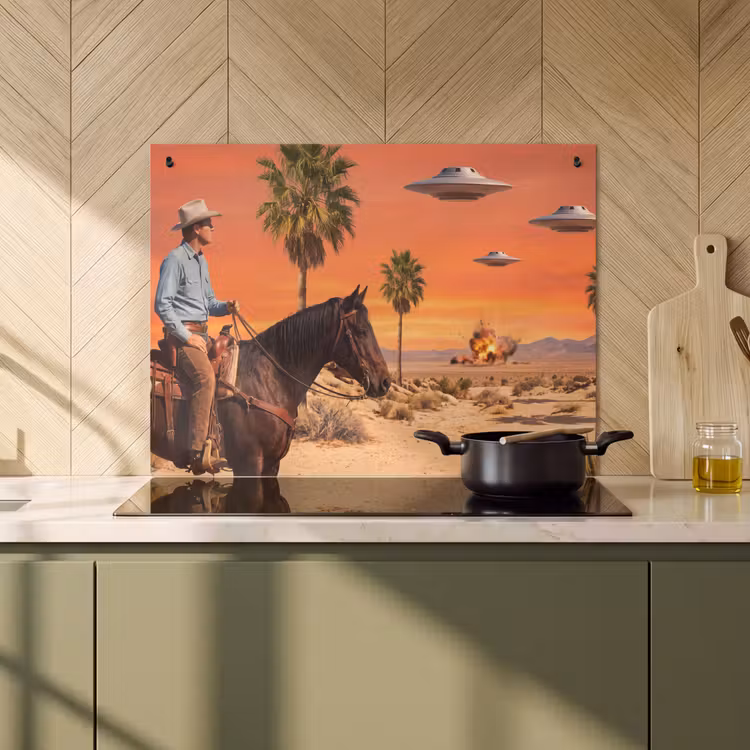 2-in-1 Herdabdeckplatte & Spritzschutz - Cowboy – Pferd – Wüste - Cowboy - Paard - Woestijn Inductie beschemer met haakjes klein