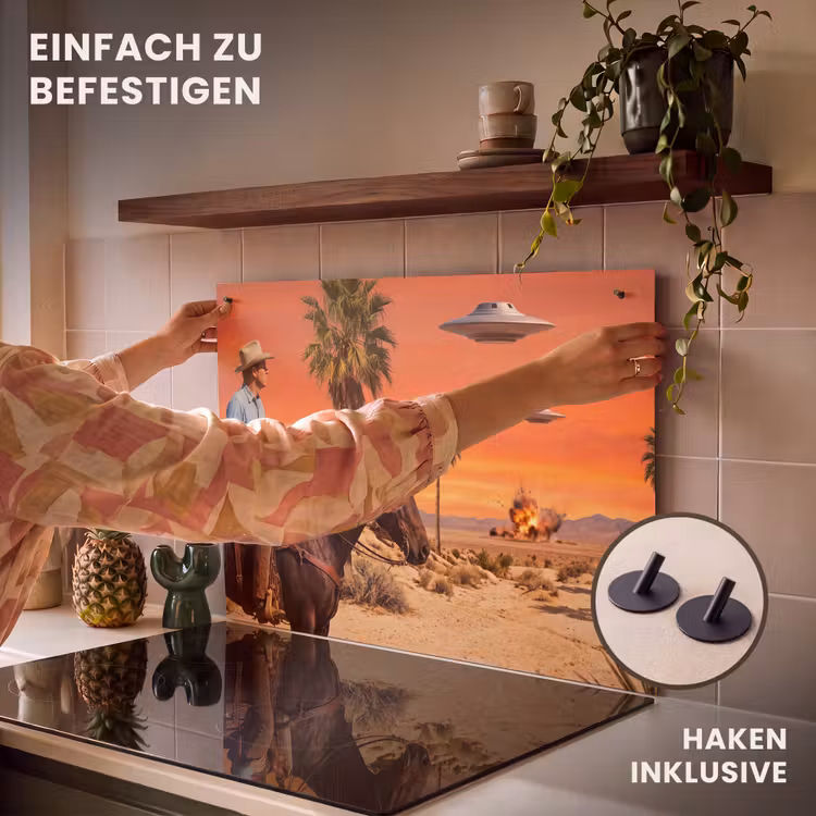 2-in-1 Herdabdeckplatte & Spritzschutz - Cowboy – Pferd – Wüste - Cowboy - Paard - Woestijn Inductie beschemer met haakjes klein