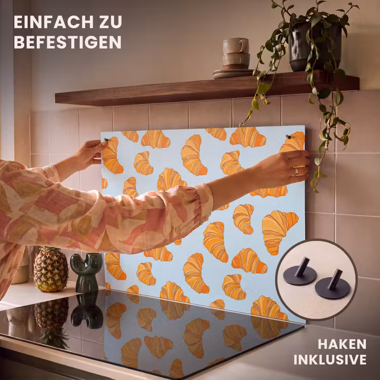 2-in-1 Herdabdeckplatte & Spritzschutz - Croissant - Verspielt - Blau - Croissant - Speels - Blauw Inductie beschemer met haakjes klein 777