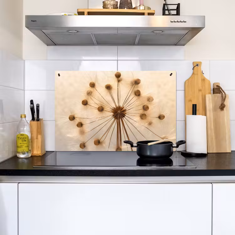 2-in-1 Herdabdeckplatte & Spritzschutz - Die goldene Eleganz des Löwenzahns - Gouden Sierlijkheid van de Paardenbloem Inductie beschemer met haakjes klein
