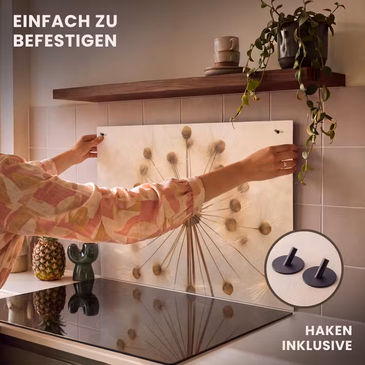 2-in-1 Herdabdeckplatte & Spritzschutz - Die goldene Eleganz des Löwenzahns - Gouden Sierlijkheid van de Paardenbloem Inductie beschemer met haakjes klein