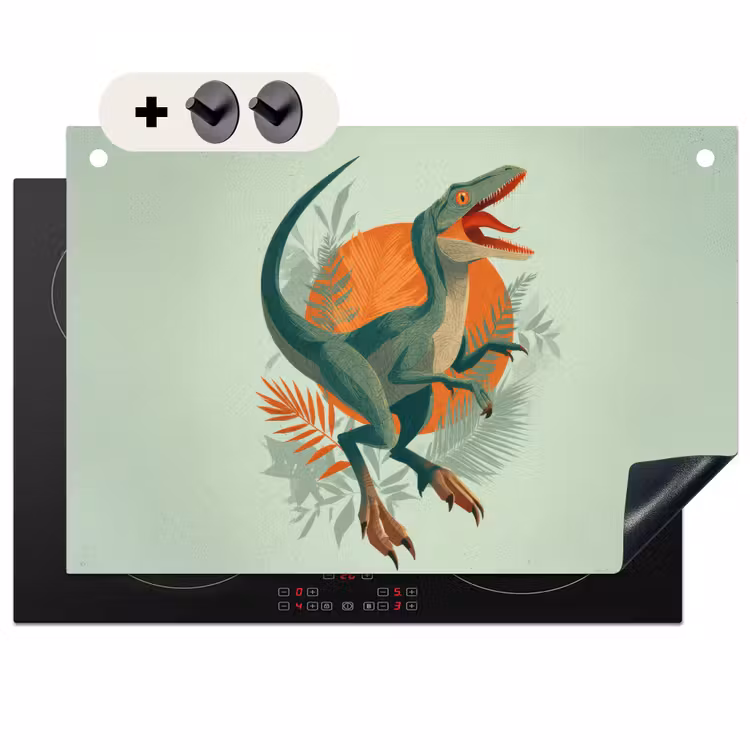 2-in-1 Herdabdeckplatte & Spritzschutz - Dino - Blätter - Grafik - Grün - Dino - Bladeren - Grafisch - Groen Inductie beschemer met haakjes klein
