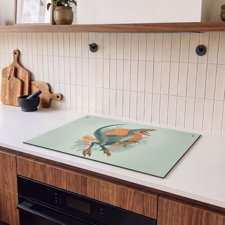 2-in-1 Herdabdeckplatte & Spritzschutz - Dino - Blätter - Grafik - Grün - Dino - Bladeren - Grafisch - Groen Inductie beschemer met haakjes klein