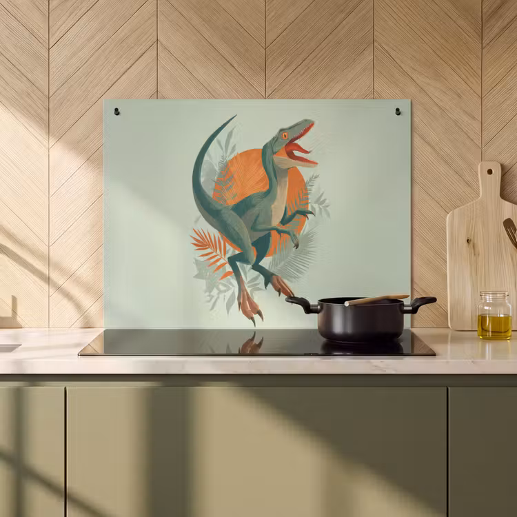 2-in-1 Herdabdeckplatte & Spritzschutz - Dino - Blätter - Grafik - Grün - Dino - Bladeren - Grafisch - Groen Inductie beschemer met haakjes klein