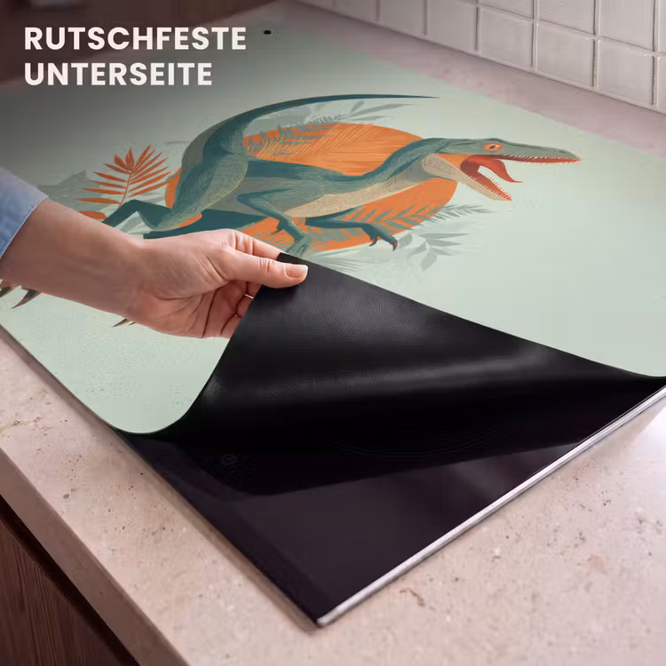 2-in-1 Herdabdeckplatte & Spritzschutz - Dino - Blätter - Grafik - Grün - Dino - Bladeren - Grafisch - Groen Inductie beschemer met haakjes klein
