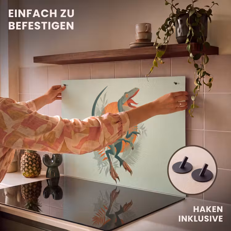 2-in-1 Herdabdeckplatte & Spritzschutz - Dino - Blätter - Grafik - Grün - Dino - Bladeren - Grafisch - Groen Inductie beschemer met haakjes klein