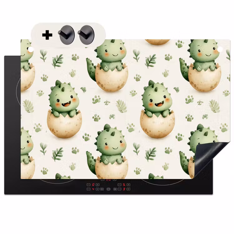 2-in-1 Herdabdeckplatte & Spritzschutz - Dino - Eier - Grün - Dino - Eieren - Groen Inductie beschemer met haakjes klein 777