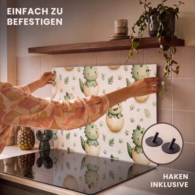 2-in-1 Herdabdeckplatte & Spritzschutz - Dino - Eier - Grün - Dino - Eieren - Groen Inductie beschemer met haakjes klein 777
