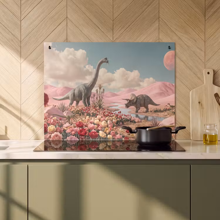 2-in-1 Herdabdeckplatte & Spritzschutz - Dinosaurier – Rosa – Landschaft - Dinosaurus - Roze - Landschap Inductie beschemer met haakjes klein