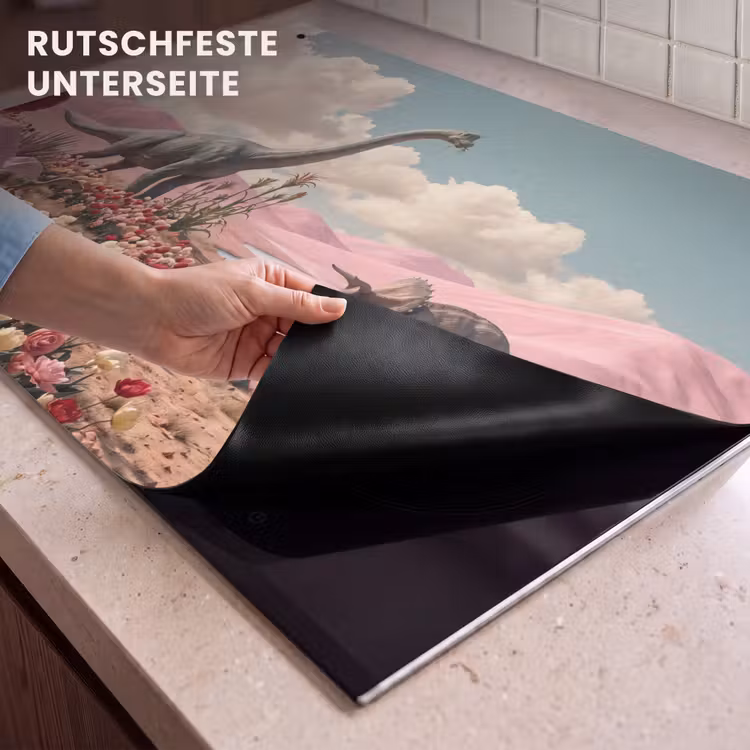 2-in-1 Herdabdeckplatte & Spritzschutz - Dinosaurier – Rosa – Landschaft - Dinosaurus - Roze - Landschap Inductie beschemer met haakjes klein