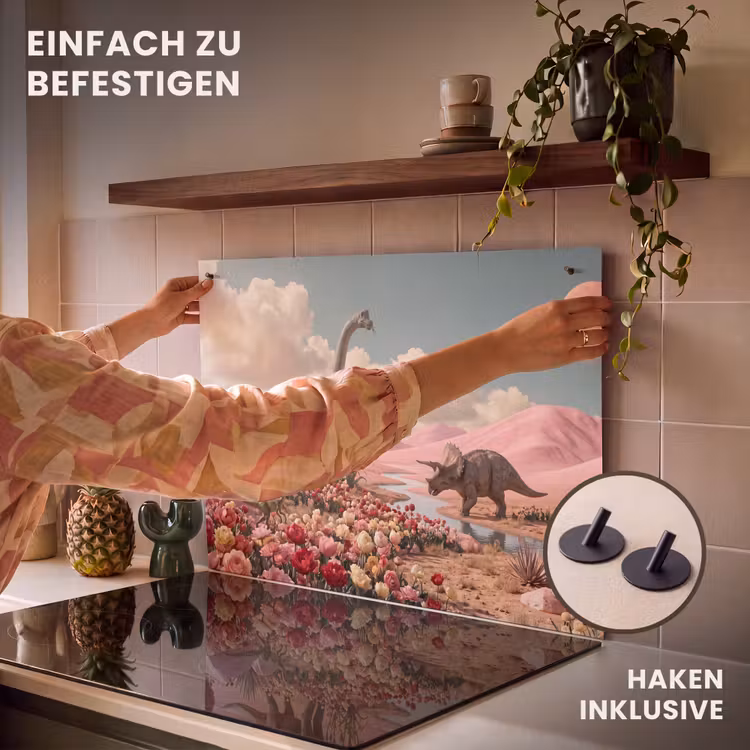 2-in-1 Herdabdeckplatte & Spritzschutz - Dinosaurier – Rosa – Landschaft - Dinosaurus - Roze - Landschap Inductie beschemer met haakjes klein