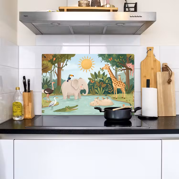 Jungle - Oase - Dieren - Kleurrijk Inductie beschemer met haakjes klein -sfeer2