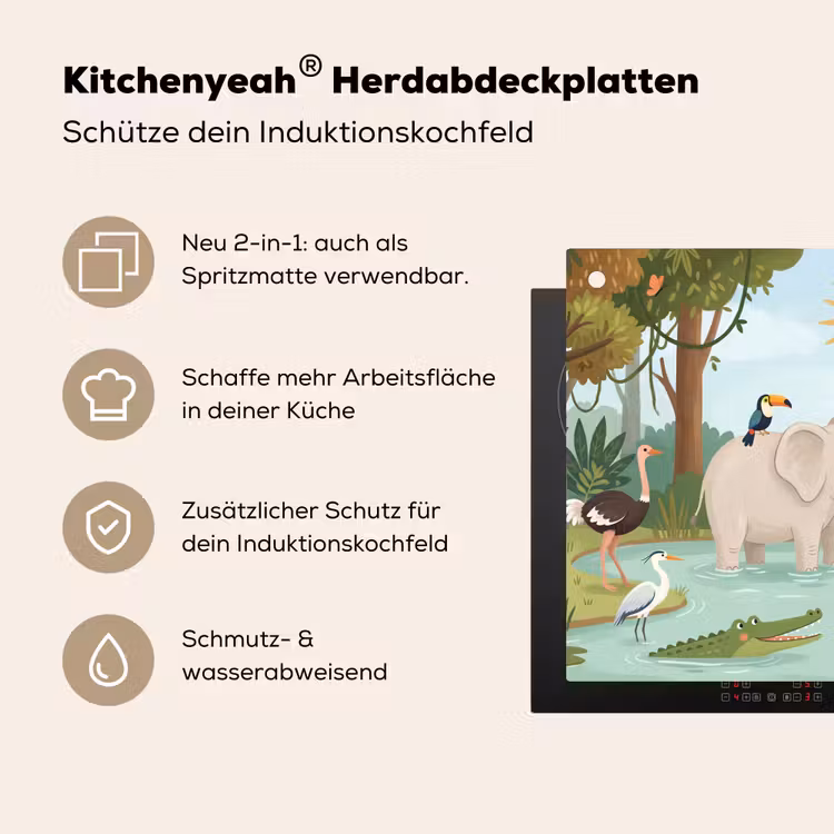 Jungle - Oase - Dieren - Kleurrijk Inductie beschemer met haakjes klein -ky-usp-de