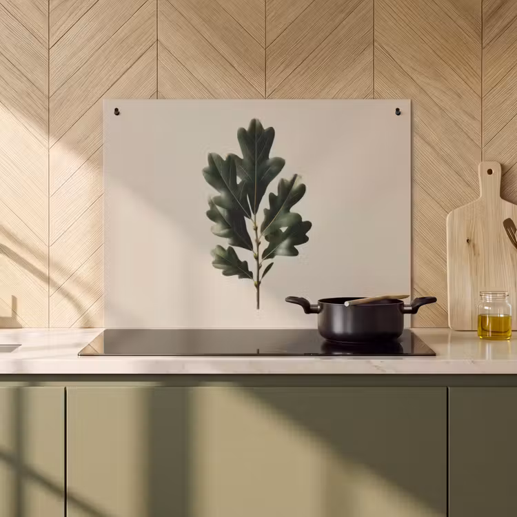 2-in-1 Herdabdeckplatte & Spritzschutz - Eichenblätter - Beige - Grün - Gewellte Ränder - Eikenbladeren - Beige - Groen - Golvende randen Inductie beschemer met haakjes klein