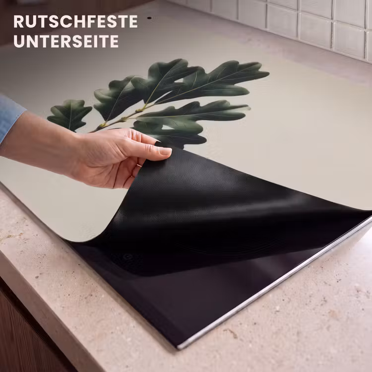 2-in-1 Herdabdeckplatte & Spritzschutz - Eichenblätter - Beige - Grün - Gewellte Ränder - Eikenbladeren - Beige - Groen - Golvende randen Inductie beschemer met haakjes klein