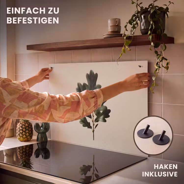 2-in-1 Herdabdeckplatte & Spritzschutz - Eichenblätter - Beige - Grün - Gewellte Ränder - Eikenbladeren - Beige - Groen - Golvende randen Inductie beschemer met haakjes klein