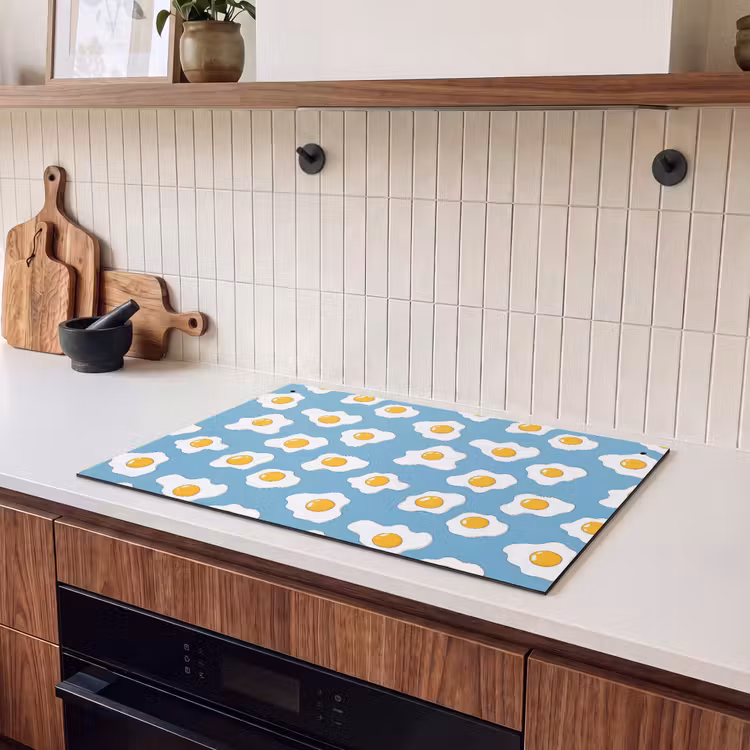 2-in-1 Herdabdeckplatte & Spritzschutz - Eier - Eigelb - Blau - Eieren - Dooiers - Blauw Inductie beschemer met haakjes klein 777