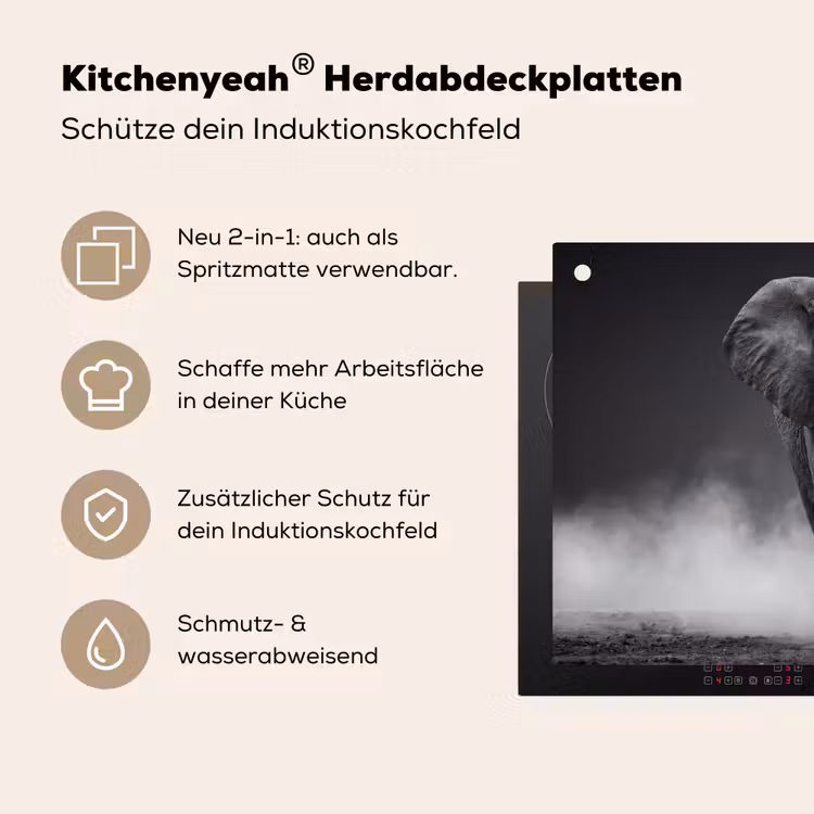 Olifant - Zwart - Wit - Rook Inductie beschemer met haakjes klein -ky-usp-de