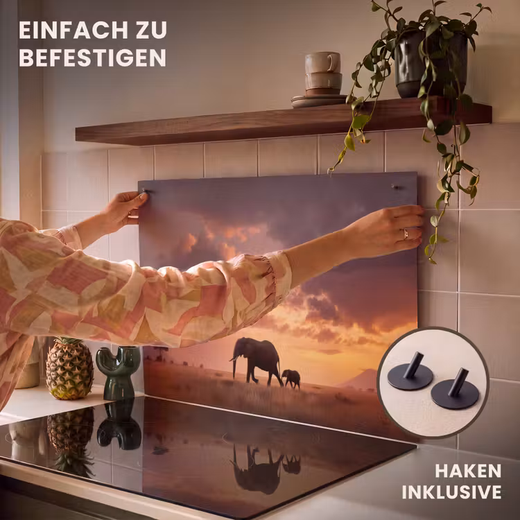 2-in-1 Herdabdeckplatte & Spritzschutz - Elefanten - Grasland - Sonnenuntergang - Olifanten - Grasland - Zonsondergang Inductie beschemer met haakjes klein