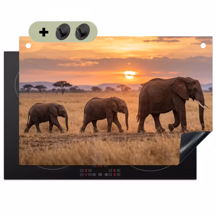 Olifanten - Savanne - Zonsondergang - Afrika - Warm Inductie beschemer met haakjes klein -3d