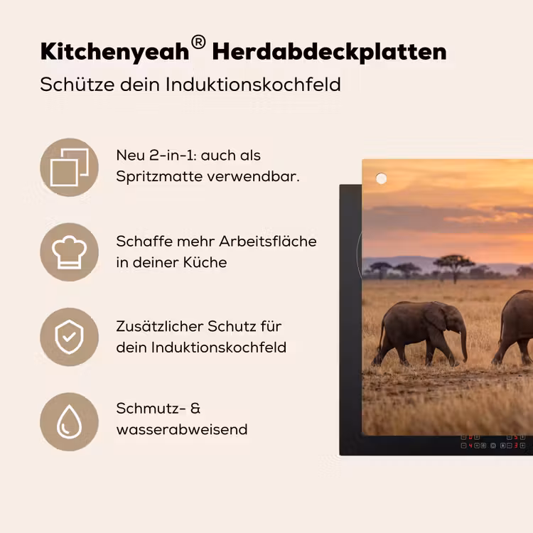 Olifanten - Savanne - Zonsondergang - Afrika - Warm Inductie beschemer met haakjes klein -ky-usp-de