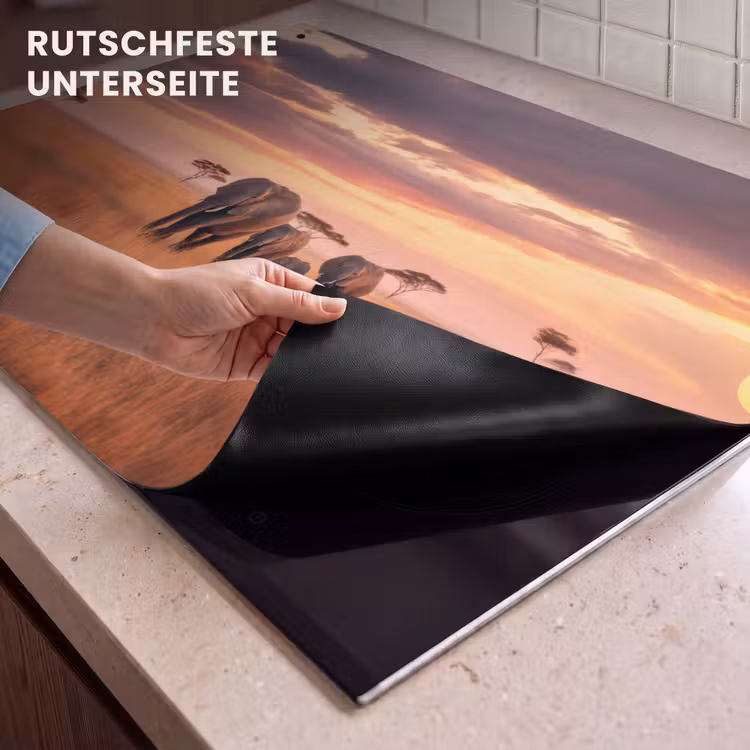 2-in-1 Herdabdeckplatte & Spritzschutz - Elefantengruppe - Offene Ebene - Sonne - Groep olifanten - Open vlakte - Zon Inductie beschemer met haakjes klein