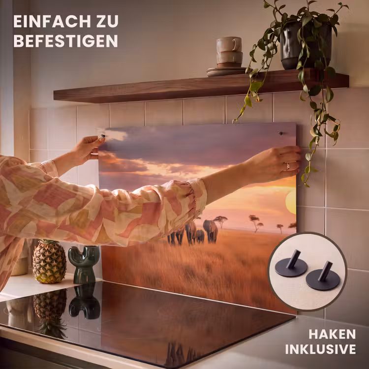 2-in-1 Herdabdeckplatte & Spritzschutz - Elefantengruppe - Offene Ebene - Sonne - Groep olifanten - Open vlakte - Zon Inductie beschemer met haakjes klein