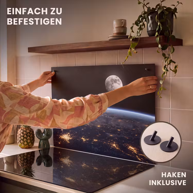 2-in-1 Herdabdeckplatte & Spritzschutz - Erde – Nacht – Weltraum - Aarde - Nacht - Ruimte Inductie beschemer met haakjes klein