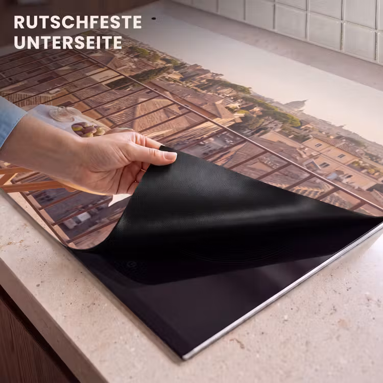 Eten - Ontbijt - Balkon - Stad - Zonsopgang Inductie beschemer met haakjes klein -ky-onderkant-de