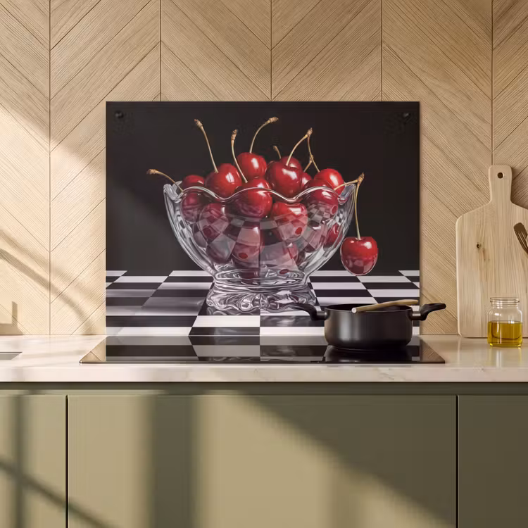 2-in-1 Herdabdeckplatte & Spritzschutz - Essen – Kirschen – Rot - Eten - Kersen - Rood Inductie beschemer met haakjes klein