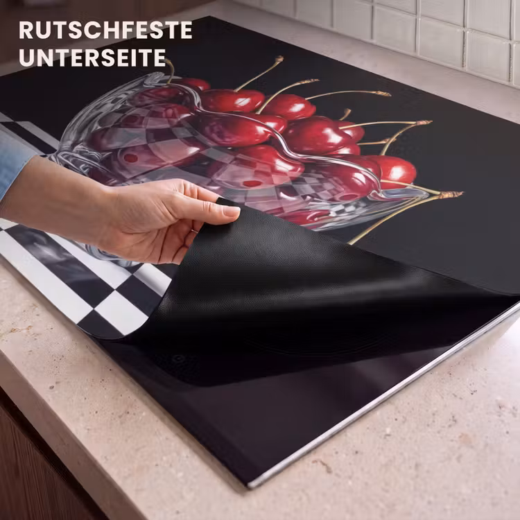 2-in-1 Herdabdeckplatte & Spritzschutz - Essen – Kirschen – Rot - Eten - Kersen - Rood Inductie beschemer met haakjes klein