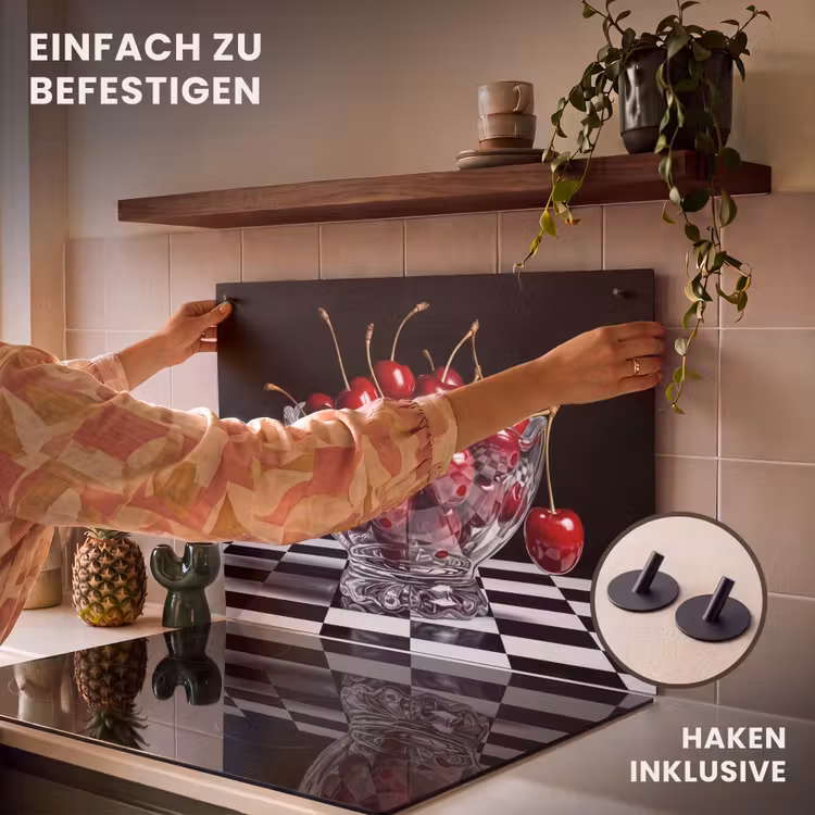 2-in-1 Herdabdeckplatte & Spritzschutz - Essen – Kirschen – Rot - Eten - Kersen - Rood Inductie beschemer met haakjes klein