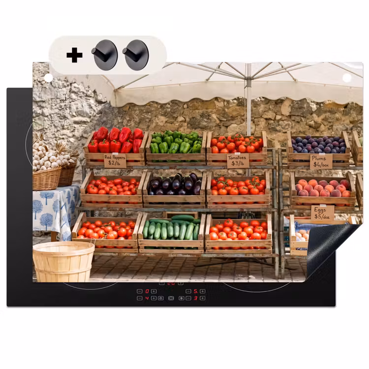 2-in-1 Herdabdeckplatte & Spritzschutz - Essen – Markt – Frisch - Eten - Markt - Vers Inductie beschemer met haakjes klein