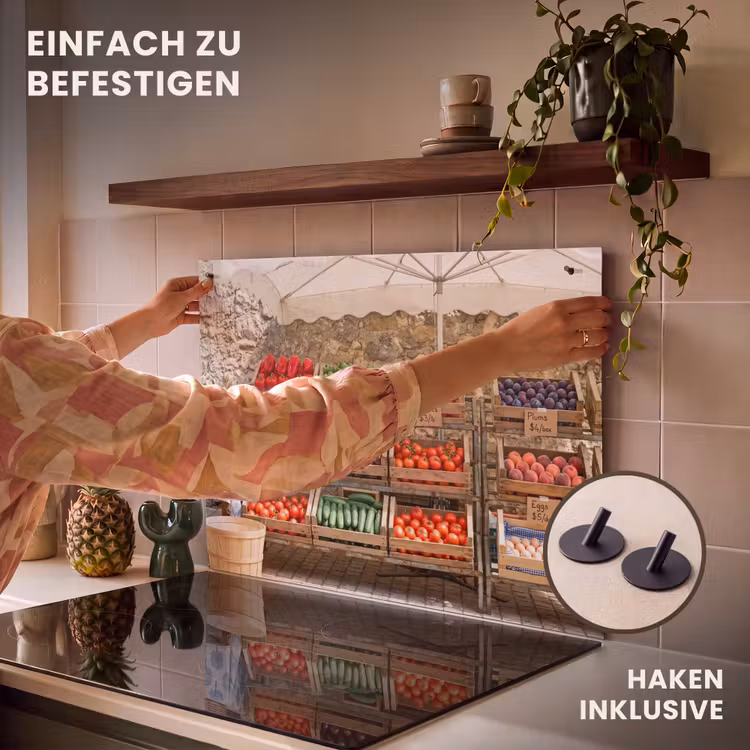 2-in-1 Herdabdeckplatte & Spritzschutz - Essen – Markt – Frisch - Eten - Markt - Vers Inductie beschemer met haakjes klein