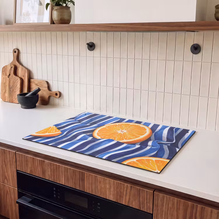 2-in-1 Herdabdeckplatte & Spritzschutz - Essen – Obst – Orange - Eten - Fruit - Oranje Inductie beschemer met haakjes klein