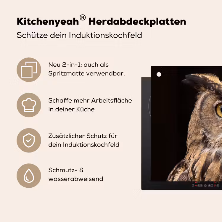 Oehoe - Uil - Portret - Bruin Inductie beschemer met haakjes klein -ky-usp-de