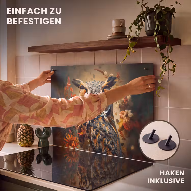 2-in-1 Herdabdeckplatte & Spritzschutz - Eule - Vogel - Blumen - Botanisch - Uil - Vogel - Bloemen - Planten - Botanisch Inductie beschemer met haakjes klein