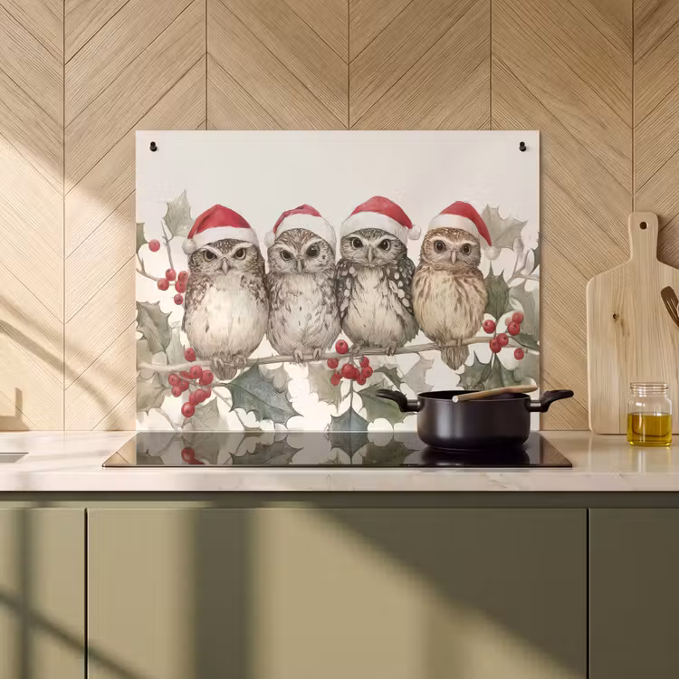 2-in-1 Herdabdeckplatte & Spritzschutz - Eulen - Zweig - Stechpalmenblätter - Weihnachtsmannmütze — 3