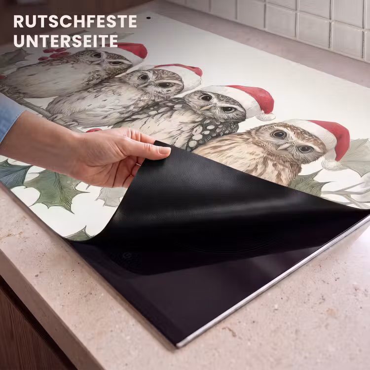 2-in-1 Herdabdeckplatte & Spritzschutz - Eulen - Zweig - Stechpalmenblätter - Weihnachtsmannmütze — 4