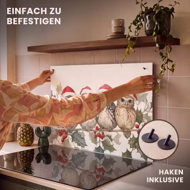 2-in-1 Herdabdeckplatte & Spritzschutz - Eulen - Zweig - Stechpalmenblätter - Weihnachtsmannmütze — 7